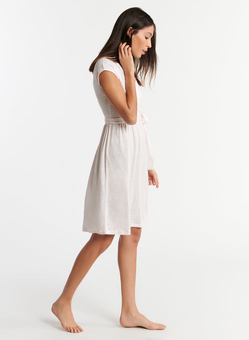 Robe Rose Col V Manches Courtes en Lin / Elasthanne - MAJESTIC FILATURES